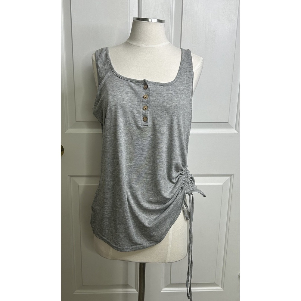 Henley Tank Top Womens Large Gray Sleeveless Shirt Synched Side Tie Accent